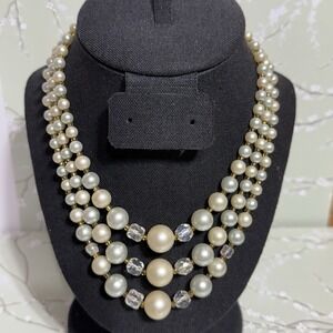 VTG Necklace Multi-Strand Signed JAPAN Gold Tone Faux Pearl Shepherd Hook Estate